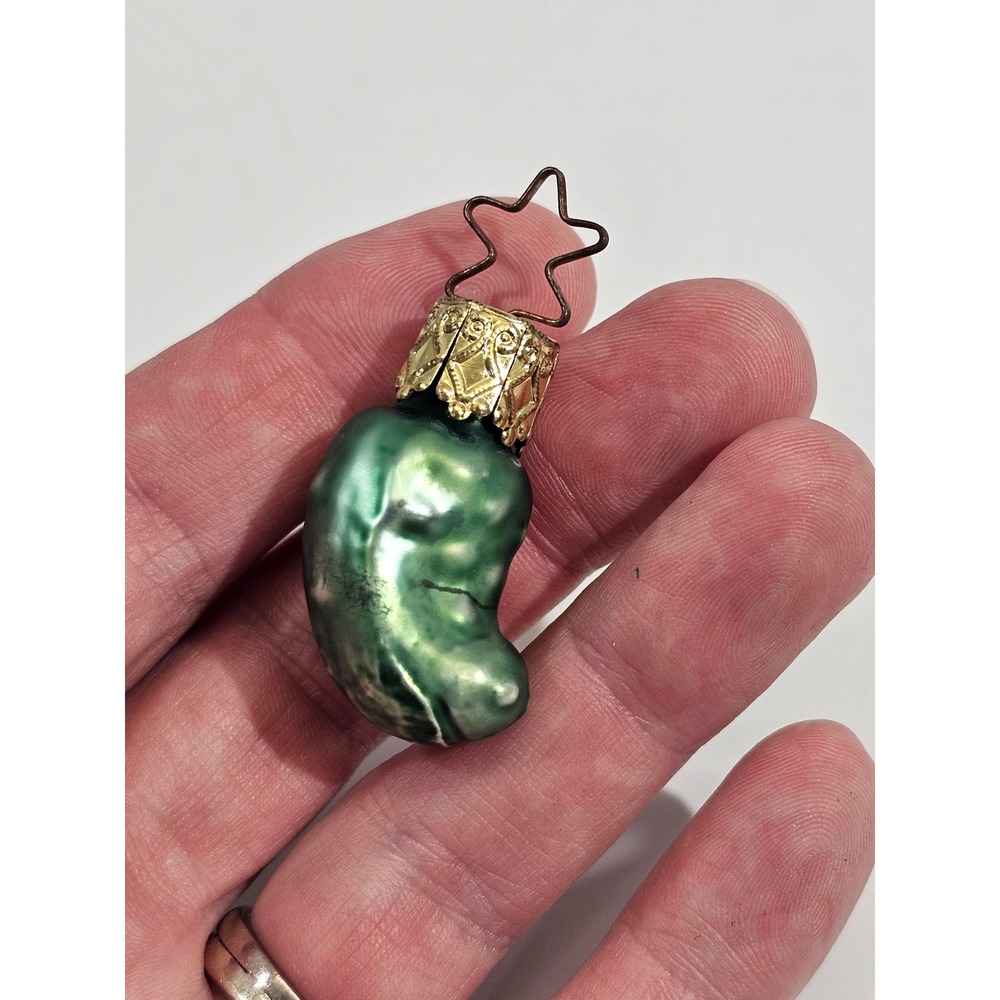 Vintage Miniature Glass Pickle Christmas Ornament Green Metallic Star Hanger
